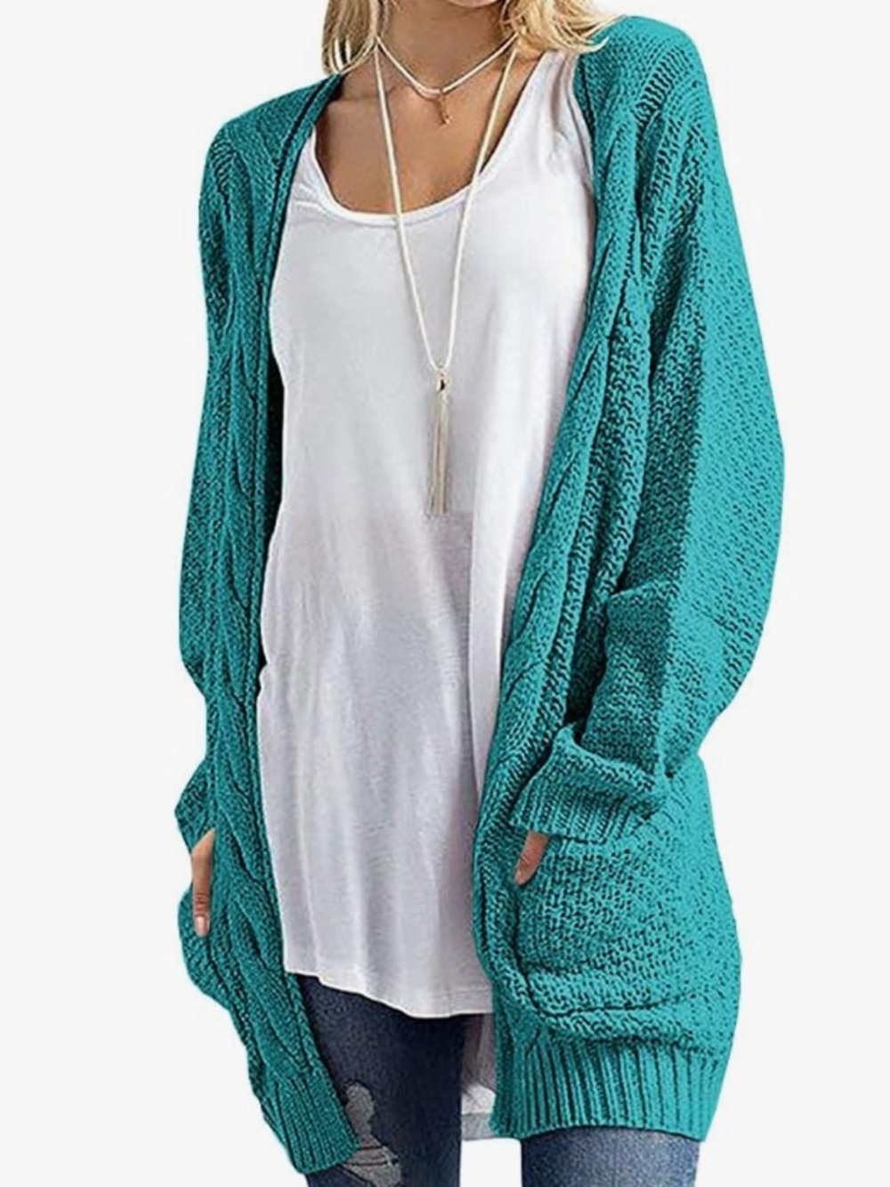 GRECERELLE Teal Chunky Cable Knit Open Front Cardigan Small
